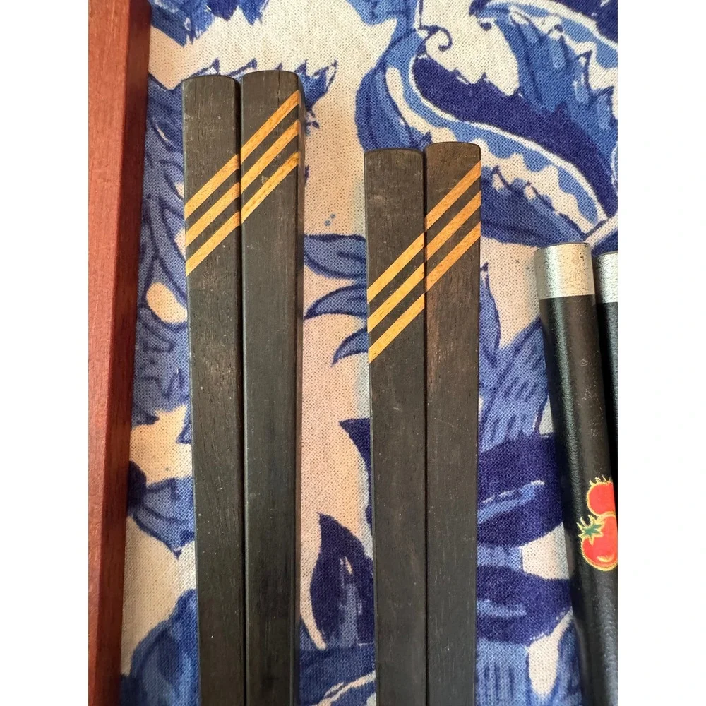 Vintage Assorted Chopsticks Set 9 Pairs Bamboo Carved Wood Lacquer Inlaid Decor